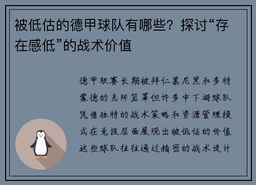 被低估的德甲球队有哪些？探讨“存在感低”的战术价值