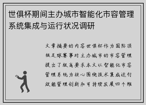 世俱杯期间主办城市智能化市容管理系统集成与运行状况调研